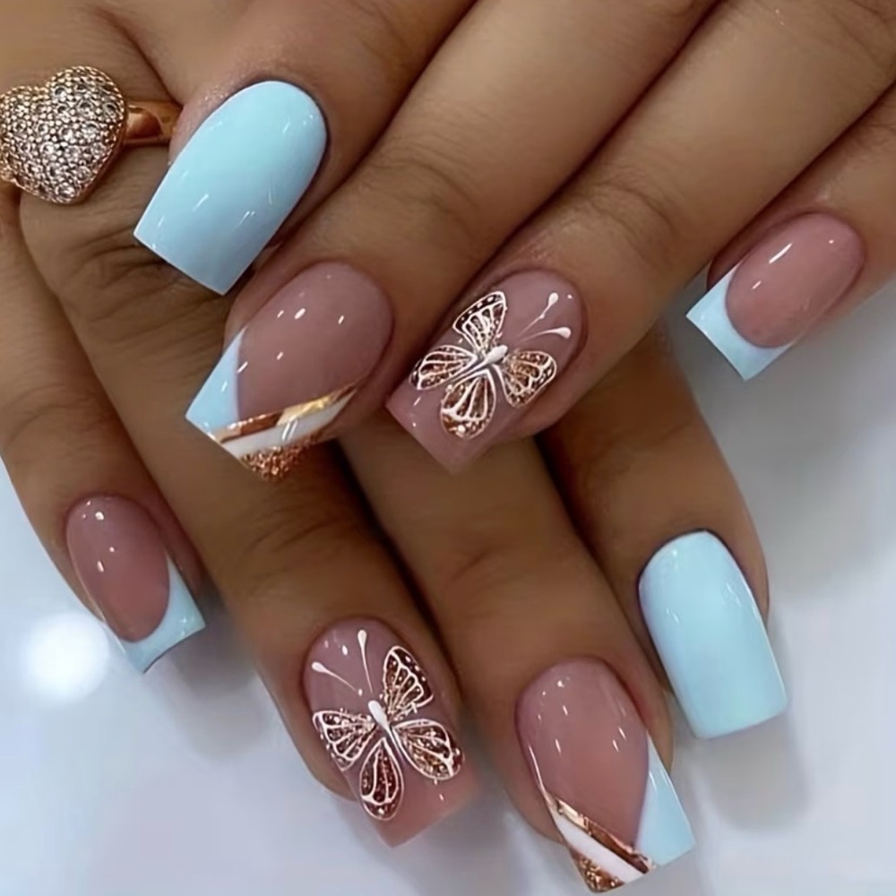 Chic Butterfly Blue and Nude Press-On Nails